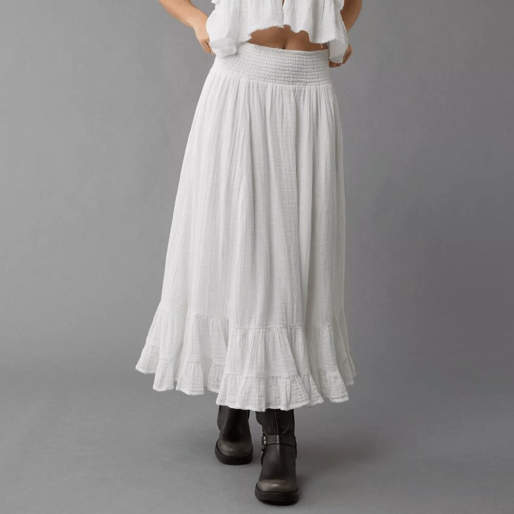 American Eagle High-Waisted Tiered Maxi Skirt in White